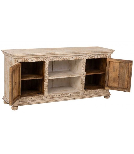 Mueble TV tallado blanco roto con puertas estilo étnico artesanal. 2