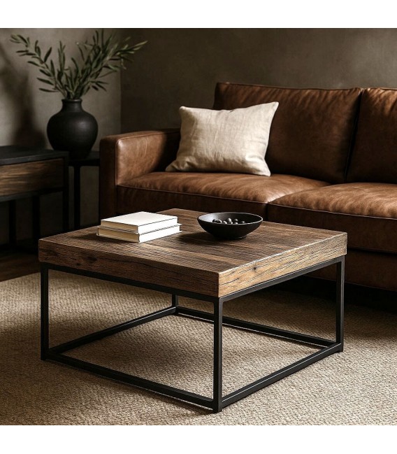 Mesa centro cuadrada madera reciclada metal negro estilo industrial. Mdmhogar