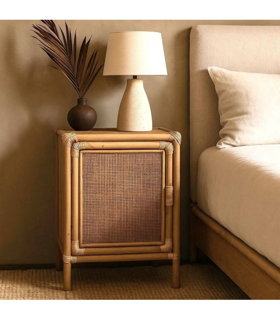 Mesita de noche boho de madera y ratán natural artesanal. Mdmhogar