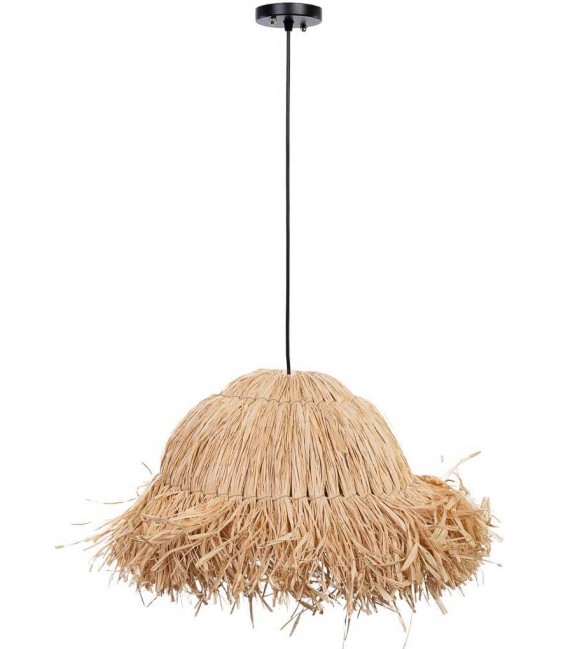 Lámpara de techo boho en rafia natural con florón negro artesanal.
