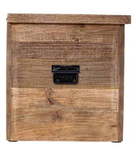 Baúl boho de madera maciza tallada con asas negras de metal. 4