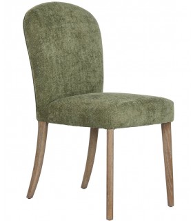 Silla tapizada verde con patas de madera natural estilo contemporáneo.