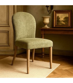 Silla tapizada verde con patas de madera natural estilo contemporáneo. Mdmhogar