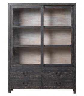 Vitrina oriental negra con puertas correderas y cajones de madera. 1
