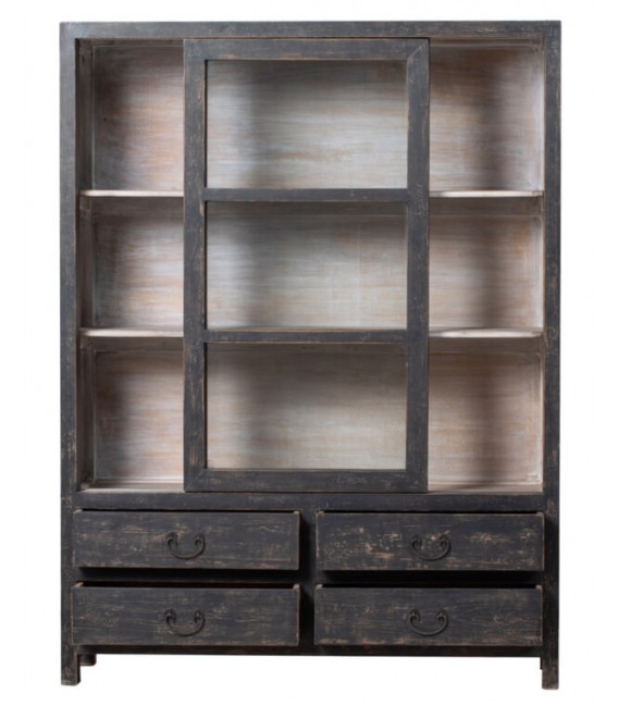 Vitrina oriental negra con puertas correderas y cajones de madera. 2