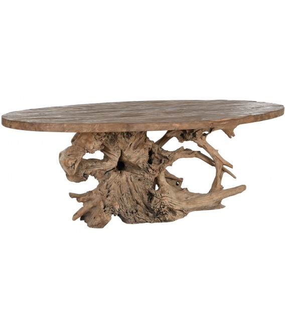 Mesa de comedor ovalada XL en raíz y madera de teca natural. 1