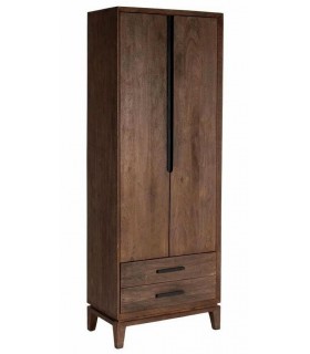 Armario alacena estrecho de madera nogal con puertas y cajones.