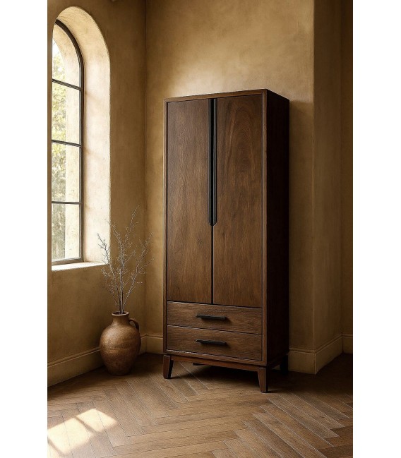 Armario alacena estrecho de madera nogal con puertas y cajones.  Mdmhogar