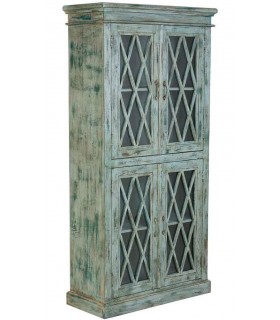 Vitrina boho turquesa envejecida con celosía, ideal para decorar.