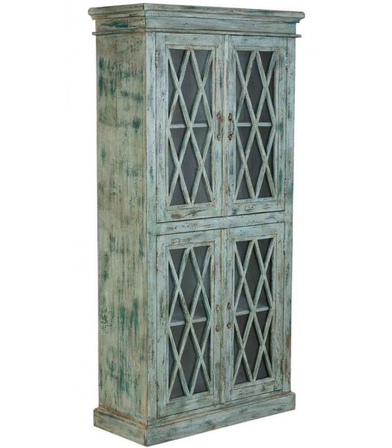 Vitrina boho turquesa envejecida con celosía, ideal para decorar.