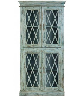 Vitrina boho turquesa envejecida con celosía, ideal para decorar. 1