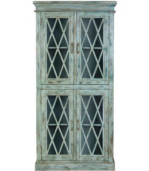 Vitrina boho turquesa envejecida con celosía, ideal para decorar. 1