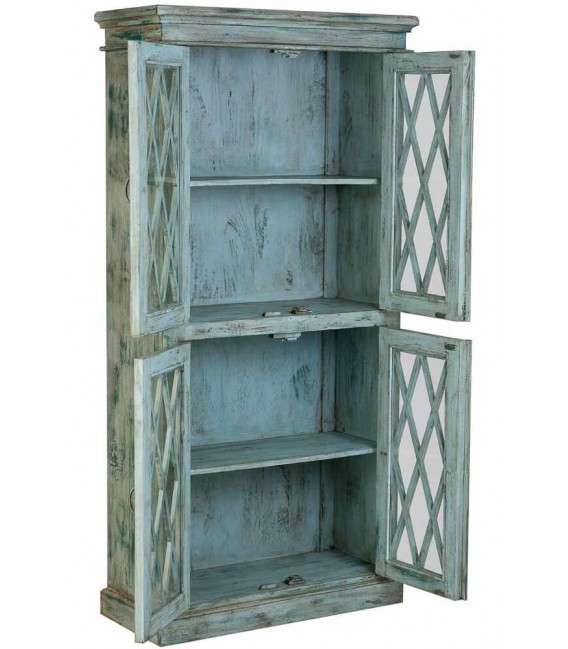 Vitrina boho turquesa envejecida con celosía, ideal para decorar. 2