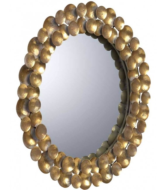 Espejo redondo estilo vintage con marco metálico en oro viejo. 1