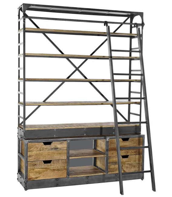 Librería industrial con escalera y cajones en madera reciclada y metal.