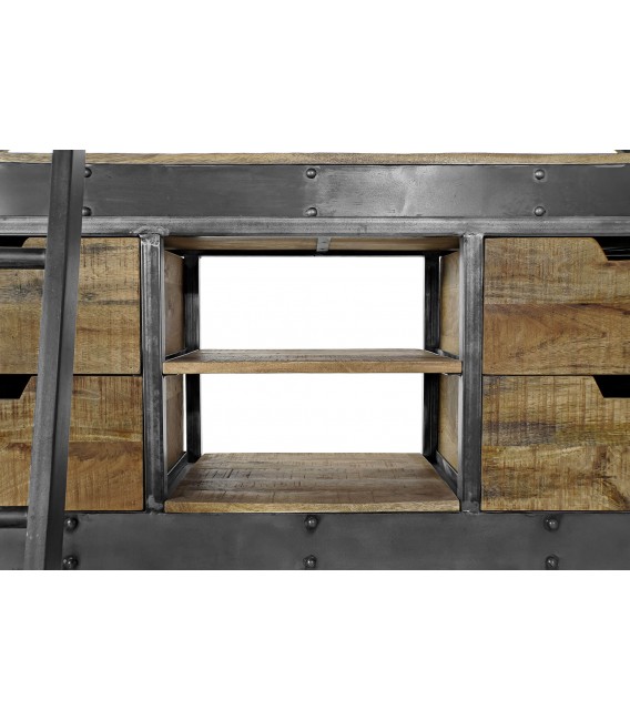 Librería industrial con escalera y cajones en madera reciclada y metal. 7