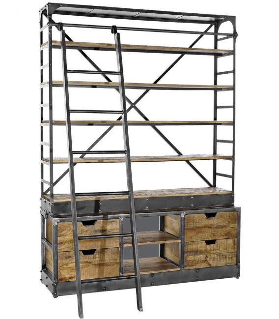 Librería industrial con escalera y cajones en madera reciclada y metal. 1