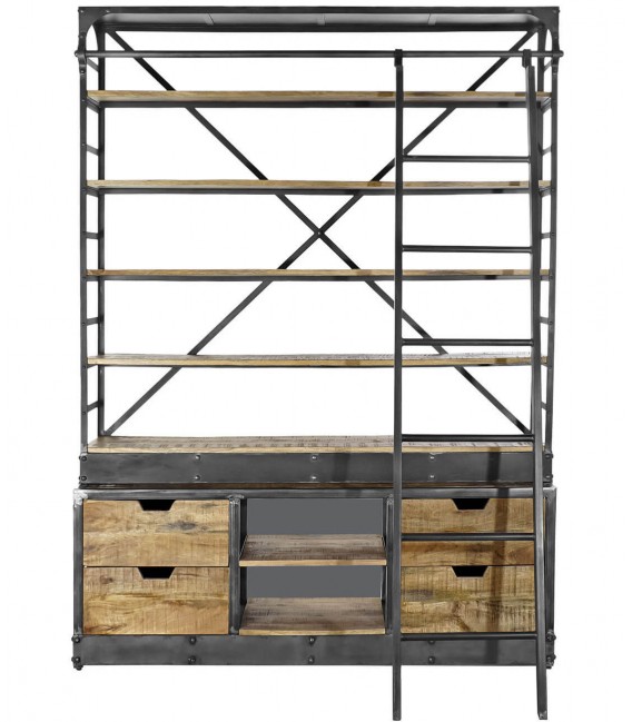 Librería industrial con escalera y cajones en madera reciclada y metal. 2