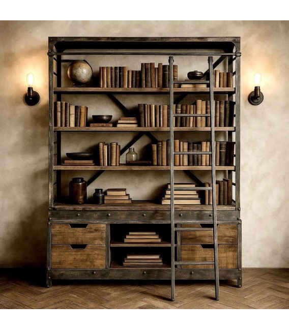 Librería industrial con escalera y cajones en madera reciclada y metal Mdmhogar