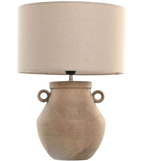 Lámpara sobremesa en gres marrón natural pantalla cilíndrica beige. 1