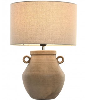 Lámpara sobremesa en gres marrón natural pantalla cilíndrica beige.