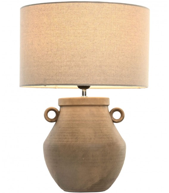 Lámpara sobremesa en gres marrón natural pantalla cilíndrica beige.
