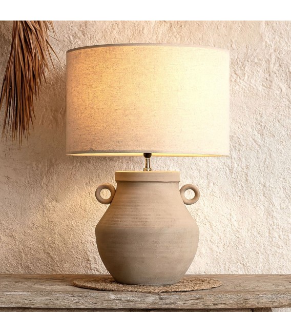 Lámpara sobremesa en gres marrón natural pantalla cilíndrica beige. Mdmhogar