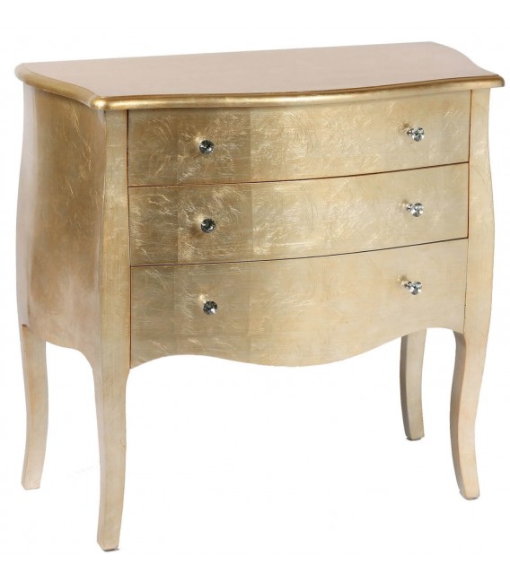 Cómoda art decó dorada con tiradores de cristal y acabado artesanal.