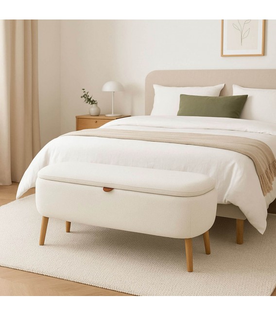 Banco pie cama blanco roto con almacenaje patas madera estilo nórdico Mdmhogar