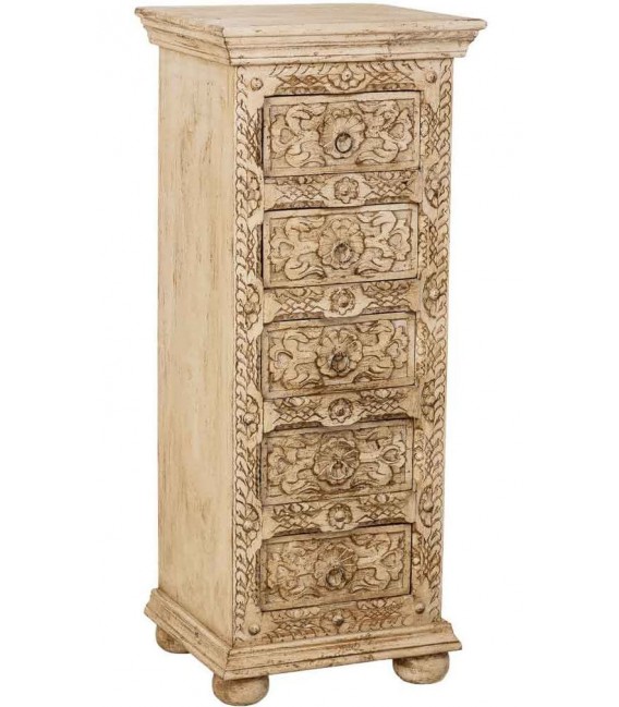 Sinfonier étnico tallado a mano con 5 cajones y acabado blanqueado