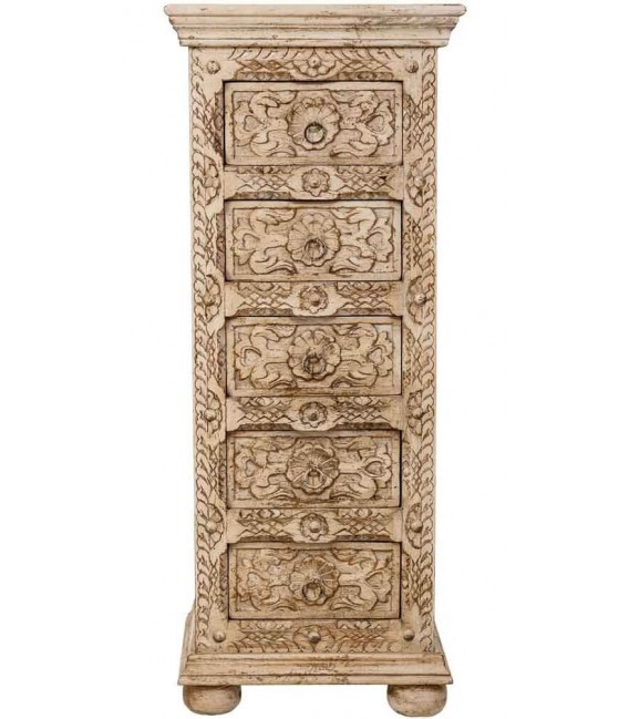 Sinfonier étnico tallado a mano con 5 cajones y acabado blanqueado1