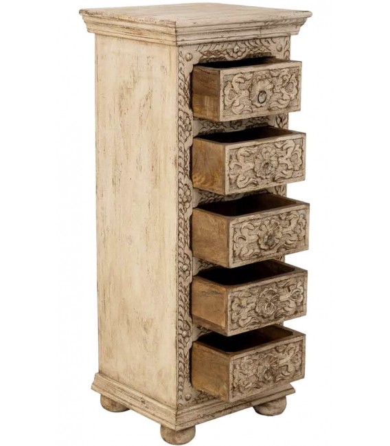 Sinfonier étnico tallado a mano con 5 cajones y acabado blanqueado2