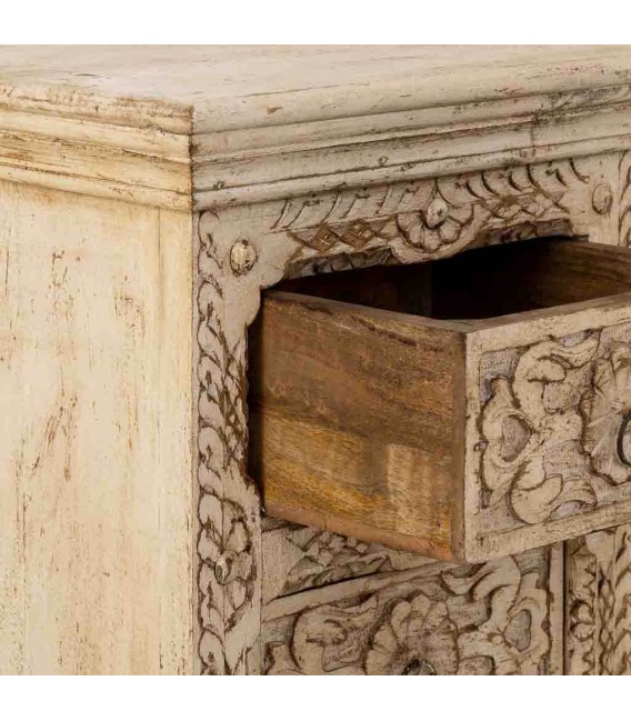 Sinfonier étnico tallado a mano con 5 cajones y acabado blanqueado5