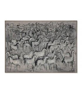 Cuadro horizontal de caballos pintado a mano con marco natural.