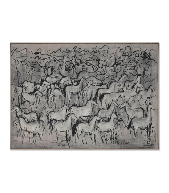 Cuadro horizontal de caballos pintado a mano con marco natural.