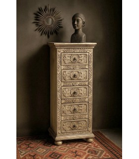 Sinfonier étnico tallado a mano con 5 cajones y acabado blanqueado Mdmhogar