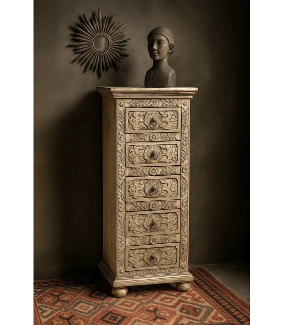 Sinfonier étnico tallado a mano con 5 cajones y acabado blanqueado Mdmhogar