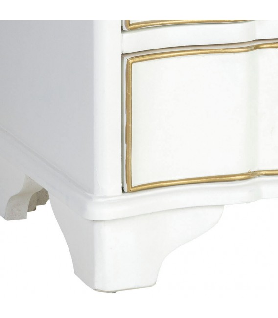 Mesita de noche blanca y dorada con aire clásico y elegante. 7