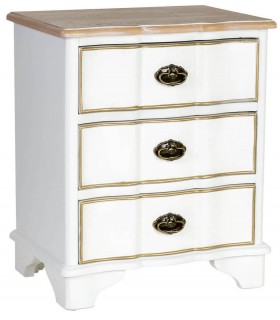 Mesita de noche blanca y dorada con aire clásico y elegante.