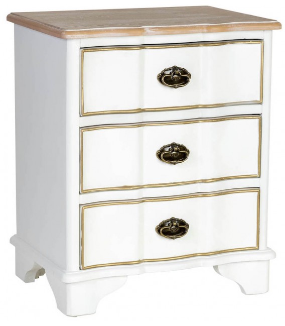 Mesita de noche blanca y dorada con aire clásico y elegante.