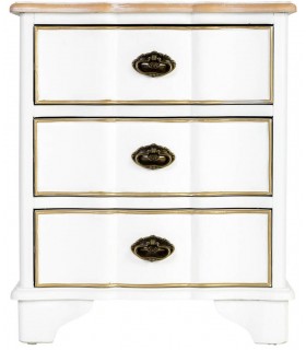 Mesita de noche blanca y dorada con aire clásico y elegante. 1