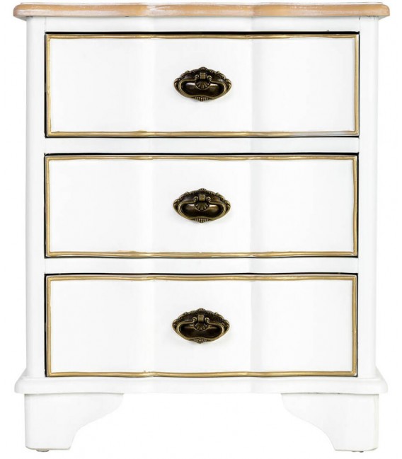 Mesita de noche blanca y dorada con aire clásico y elegante. 1