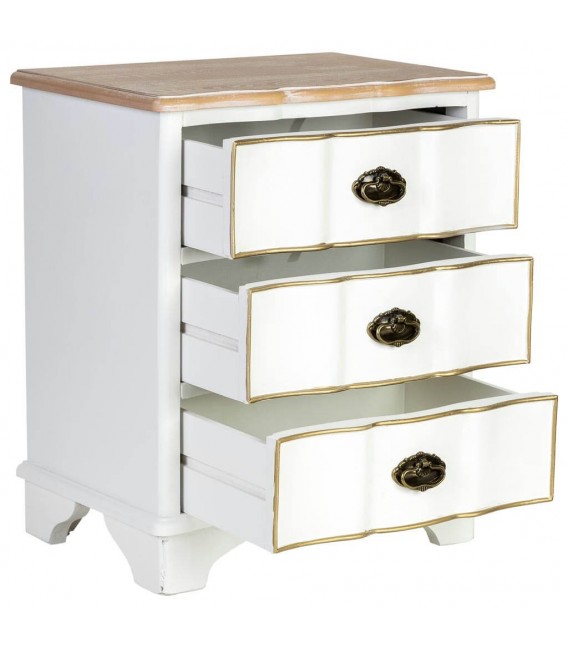 Mesita de noche blanca y dorada con aire clásico y elegante. 2