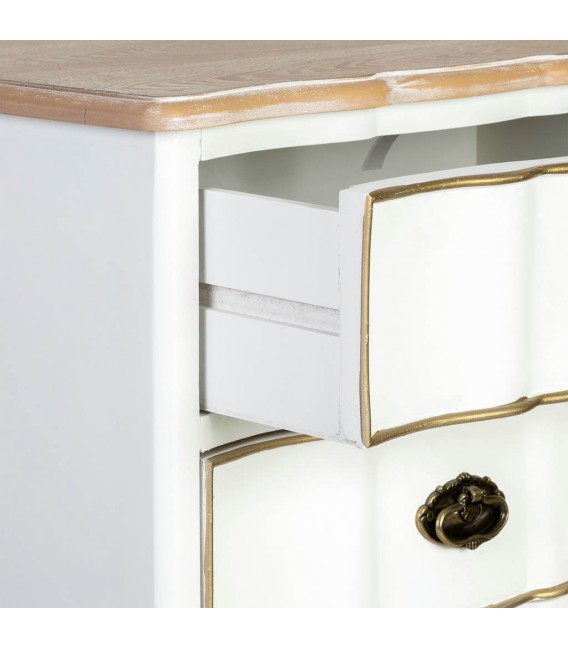 Mesita de noche blanca y dorada con aire clásico y elegante. 5