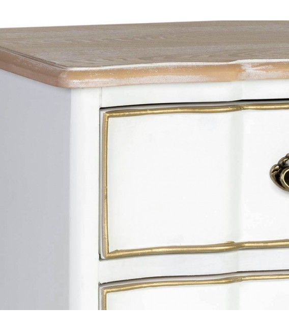 Mesita de noche blanca y dorada con aire clásico y elegante. 4