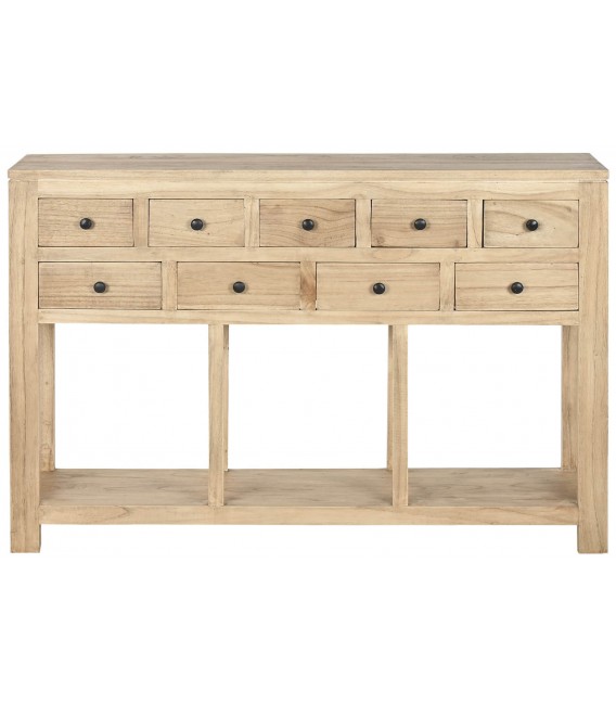 Consola colonial de madera natural con tiradores metálicos negros.