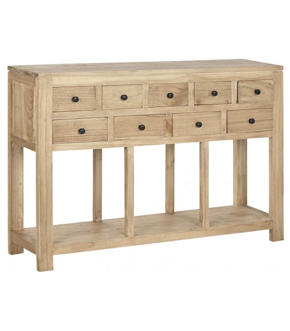 Consola colonial de madera natural con tiradores metálicos negros. 1