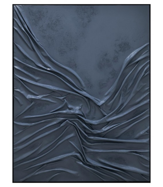 Cuadro azul XL abstracto con marco negro, arte textil moderno.1