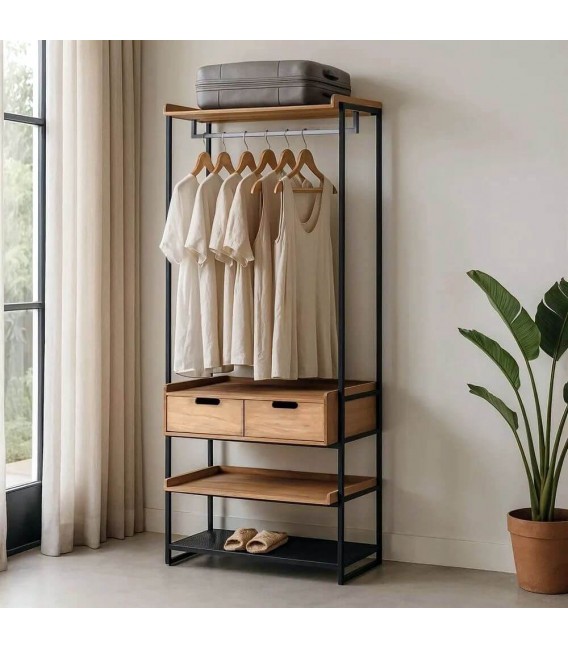 Armario ropero madera natural con metal negro, estilo moderno.