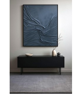 Cuadro azul XL abstracto con marco negro, arte textil moderno. Mdmhogar